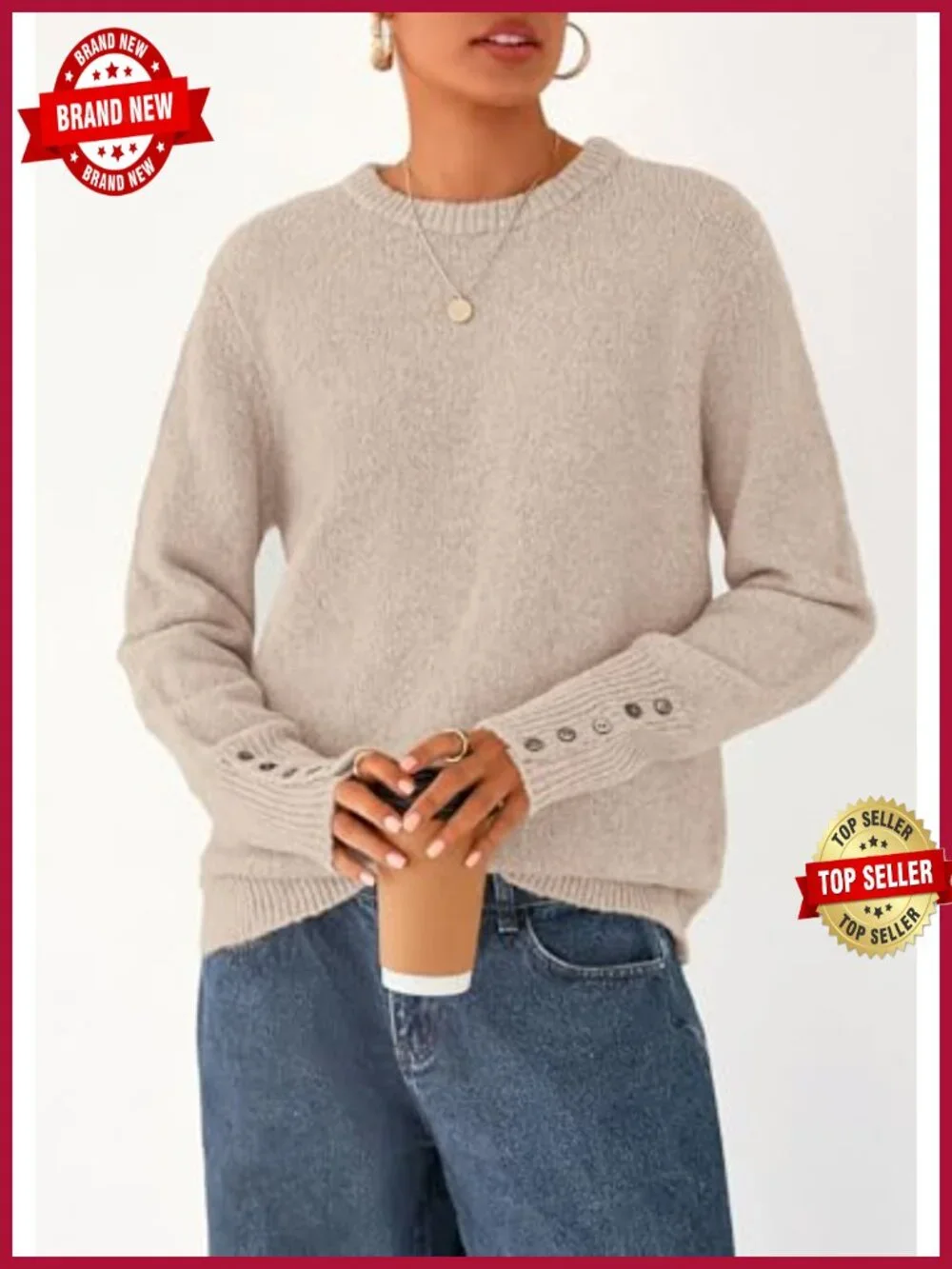 Women's Knit Pullover Sweater, Long Sleeve Crewneck with Button Cuffs, Relaxed